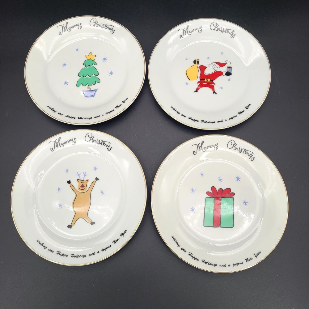 Vintage 2001 Merry Brite Merry Christmas Dessert Plates Set of 4 Santa Reindeer